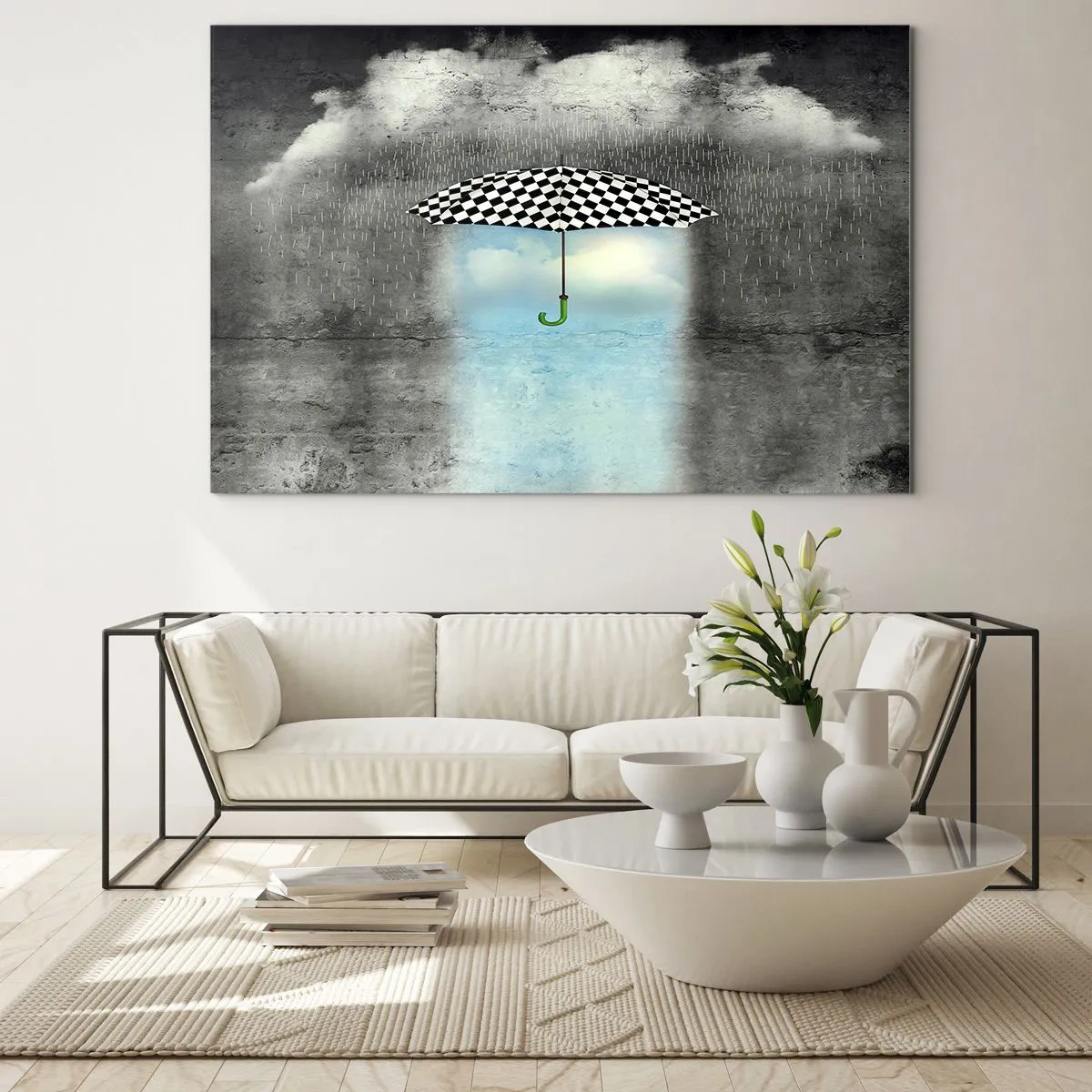 Glasbild - Bild auf glas - Ein schwarz-weiß karierter Regenschirm vor einem Hintergrund aus Regen und Wolken - 70x50cm - Aber möglich - Moderne Wanddekoration für Wohnzimmer und Schlafzimmer ARTTOR