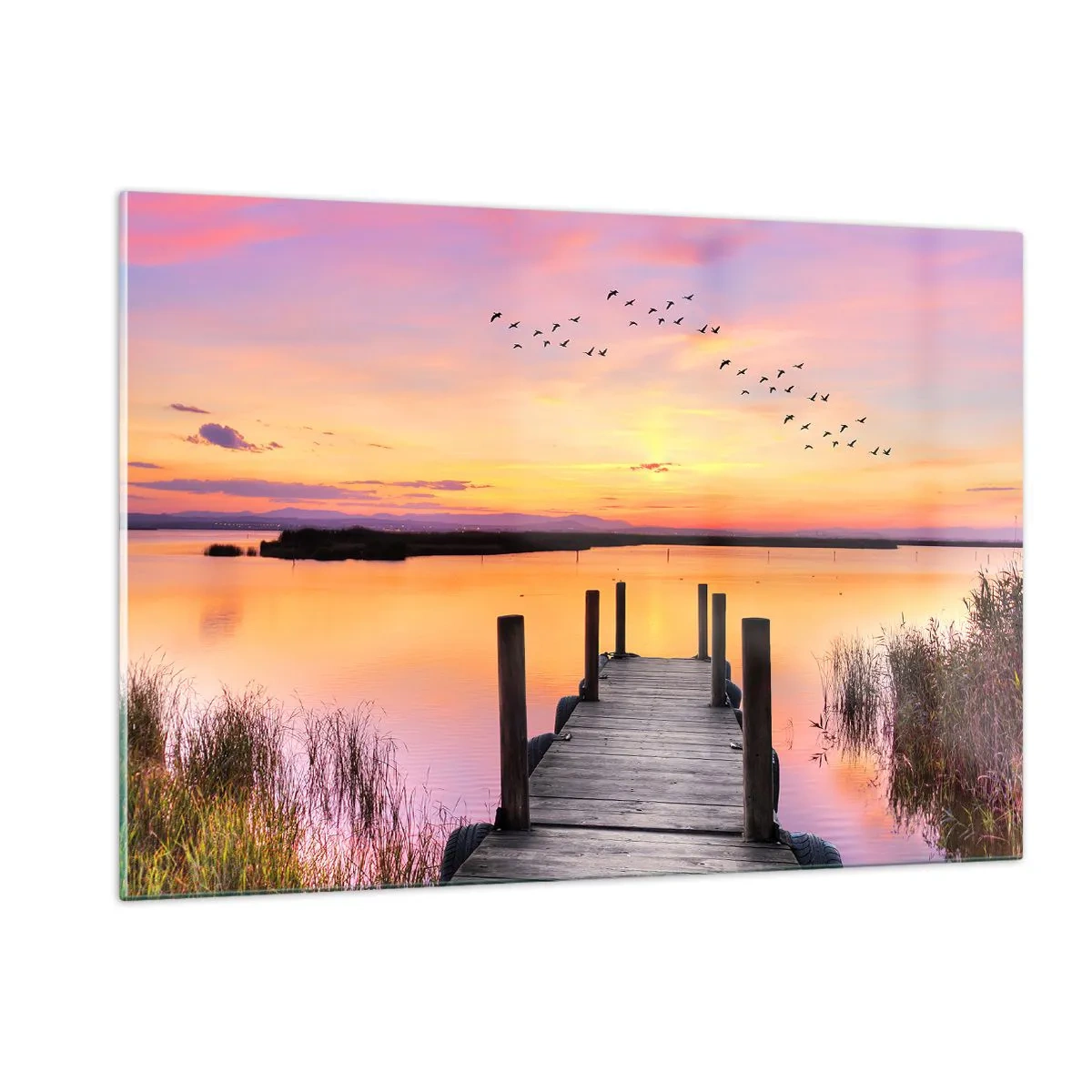 Glasbild - Bild auf glas - Lakeside Pier bei Sonnenuntergang mit Vögeln am Himmel - 120x80cm - Violette stille Morgendämmerung - Moderne Wanddekoration für Wohnzimmer und Schlafzimmer ARTTOR