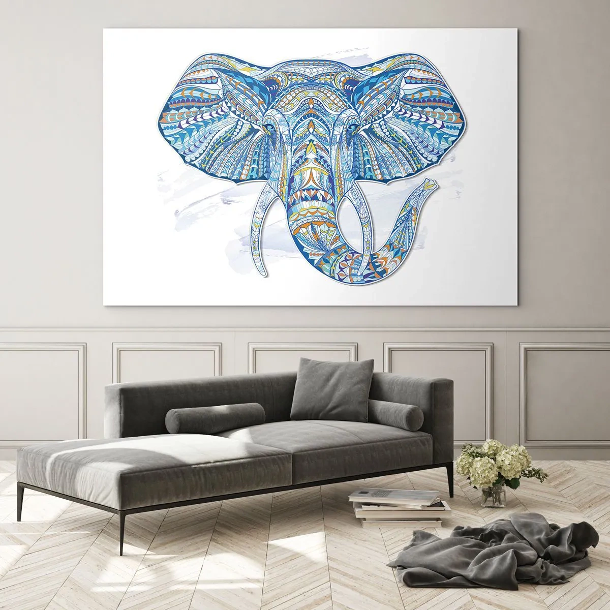 Glasbild - Bild auf glas - Blauer Elefant im künstlerischen Stil mit geometrischen Mustern - 70x50cm - In Gold und Blau eingelegt - Moderne Wanddekoration für Wohnzimmer und Schlafzimmer ARTTOR