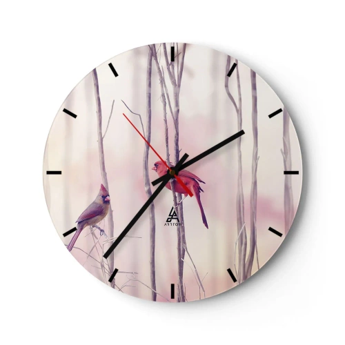 Wanduhr - Glasuhr - Ein Kardinalspaar sitzt auf Ästen vor pastellfarbenem Hintergrund - 30x30cm - Geschichte vom rosa Wald - Moderne Wanddekoration für Wohnzimmer, Küche und Schlafzimmer ARTTOR