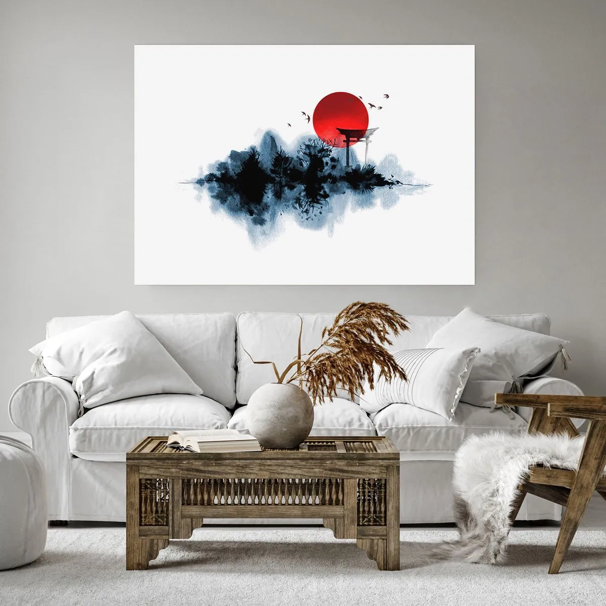Poster - Rote Sonne über einer malerischen Landschaft mit Torii - 100x70cm - Japanische Sicht - Moderne Wanddekoration für Wohnzimmer und Schlafzimmer ARTTOR