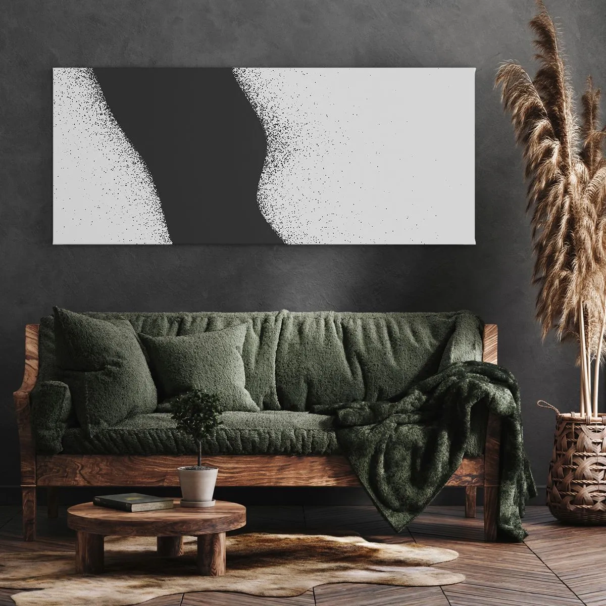 Bild auf Leinwand - Leinwandbild - Abstraktes schwarz-weißes Muster mit zarten Punkten auf Leinwand - 120x50cm - Flüssiges Gleichgewicht - Moderne Wanddekoration für Wohnzimmer und Schlafzimmer ARTTOR