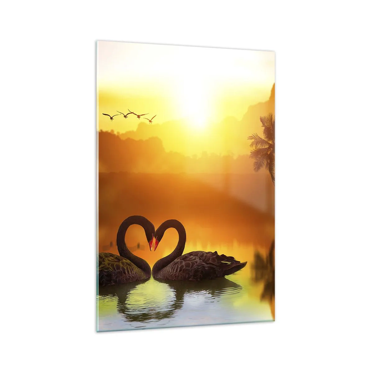 Glasbild - Bild auf glas - Zwei schwarze Schwäne bilden ein Herz vor dem Hintergrund eines Sonnenuntergangs am See - 70x100cm - Alles passt zusammen - Moderne Wanddekoration für Wohnzimmer und Schlafzimmer ARTTOR