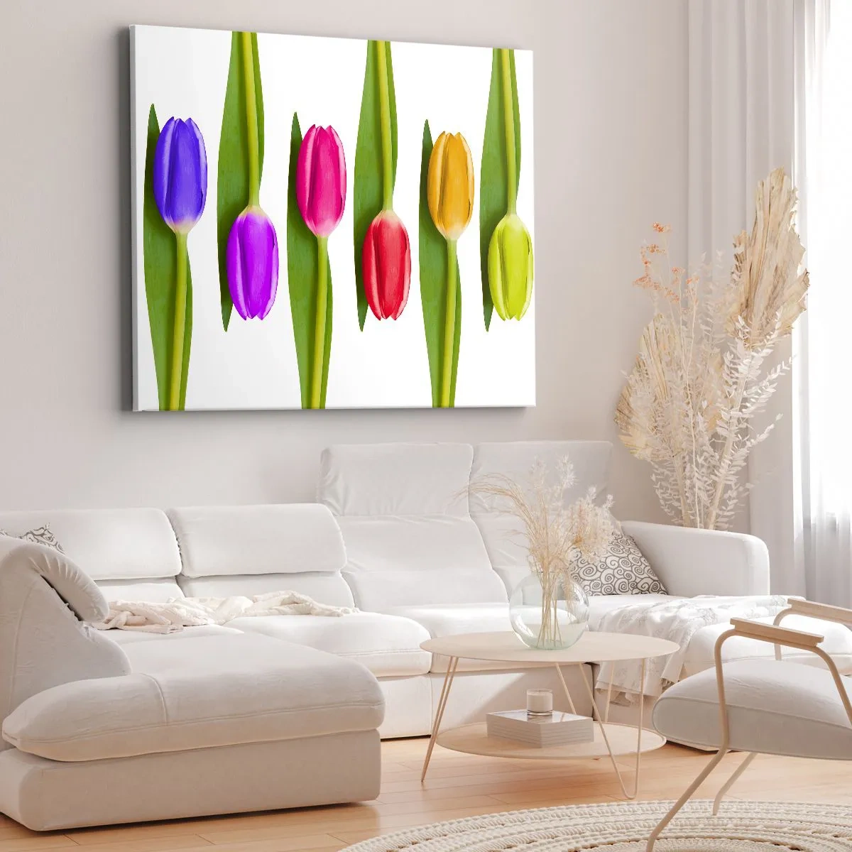 Bild auf Leinwand - Leinwandbild - Bunte Tulpen in einer Reihe auf weißem Hintergrund angeordnet - 120x80cm - Regenbogenkomposition - Moderne Wanddekoration für Wohnzimmer und Schlafzimmer ARTTOR