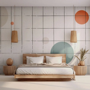 Fototapete Premium Sand - Farbige Kreise auf einem Hintergrund aus einem Raster aus dünnen schwarzen Linien - 100x70cm - Gefangen. Wir oder sie? - Moderne Wanddekoration für Wohnzimmer und Schlafzimmer ARTTOR