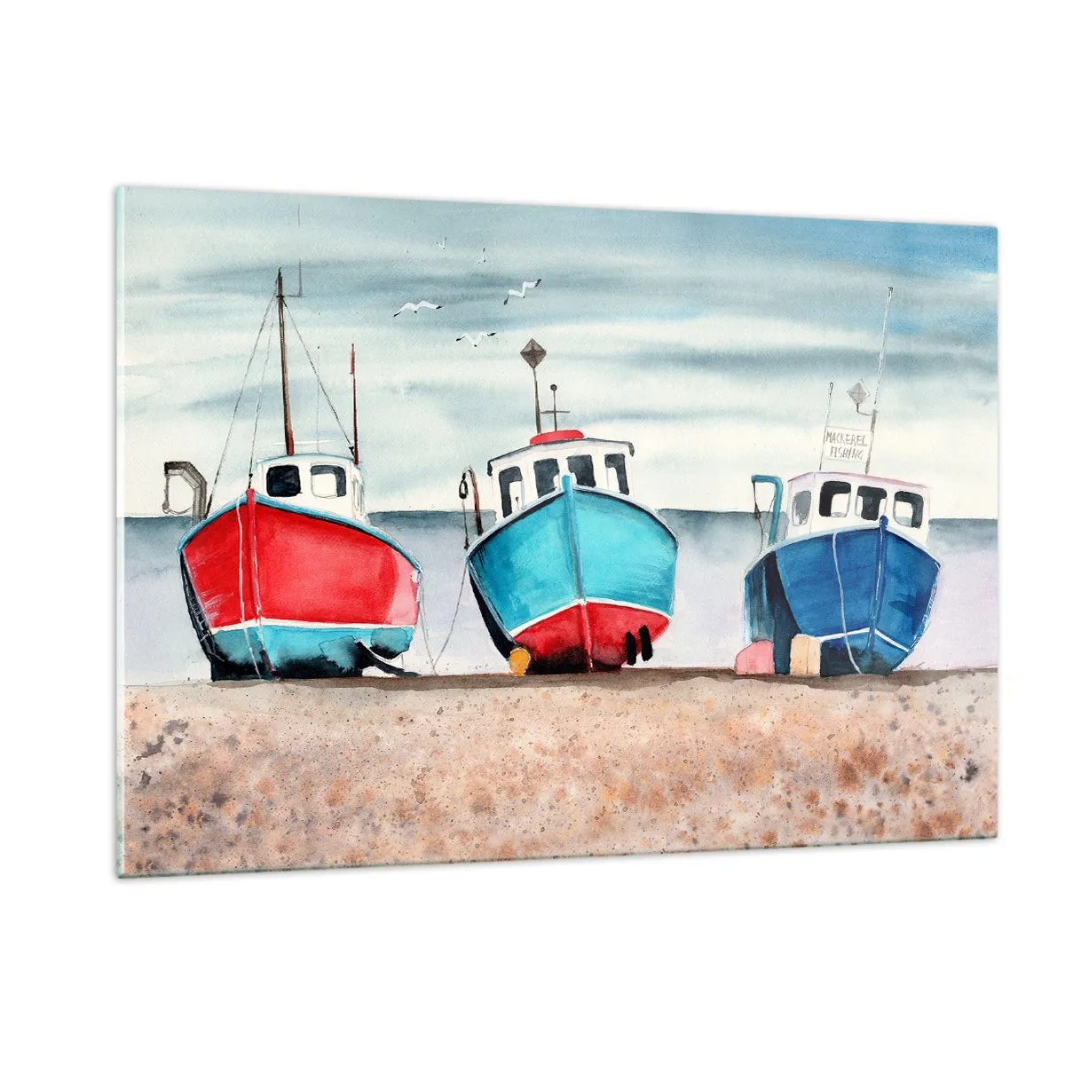 Glasbild - Bild auf glas - Drei bunte Fischerboote an der Küste - 120x80cm - Bereit zum Fang - Moderne Wanddekoration für Wohnzimmer und Schlafzimmer ARTTOR