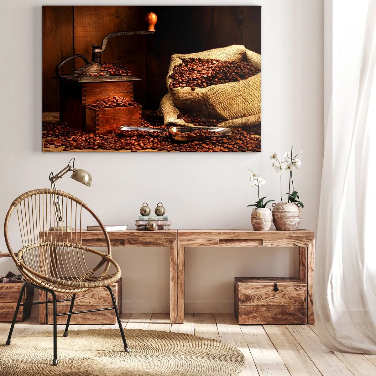 Bild auf Leinwand - Leinwandbild - Eine alte Kaffeemühle mit Bohnen und einer Tasche im rustikalen Stil. - 70x50cm - Stillleben mit Kaffeebohnen und einer Mühle - Moderne Wanddekoration für Wohnzimmer und Schlafzimmer ARTTOR