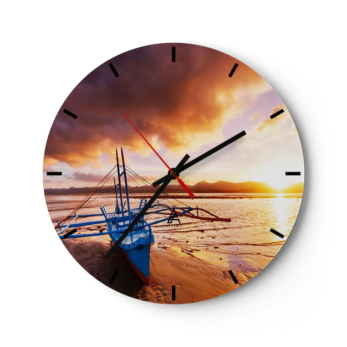 Wanduhr - Glasuhr - Ein Boot am Strand bei Sonnenuntergang - 30x30cm - Nach einem Tag sich im Sand ausstrecken - Moderne Wanddekoration für Wohnzimmer, Küche und Schlafzimmer ARTTOR