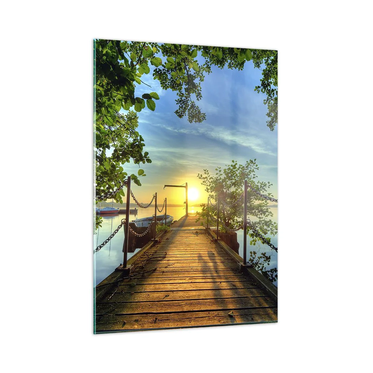 Glasbild - Bild auf glas - Ein Pier mit Blick auf den Sonnenuntergang über dem See - 50x70cm - Westen auf dem Wasser - Moderne Wanddekoration für Wohnzimmer und Schlafzimmer ARTTOR