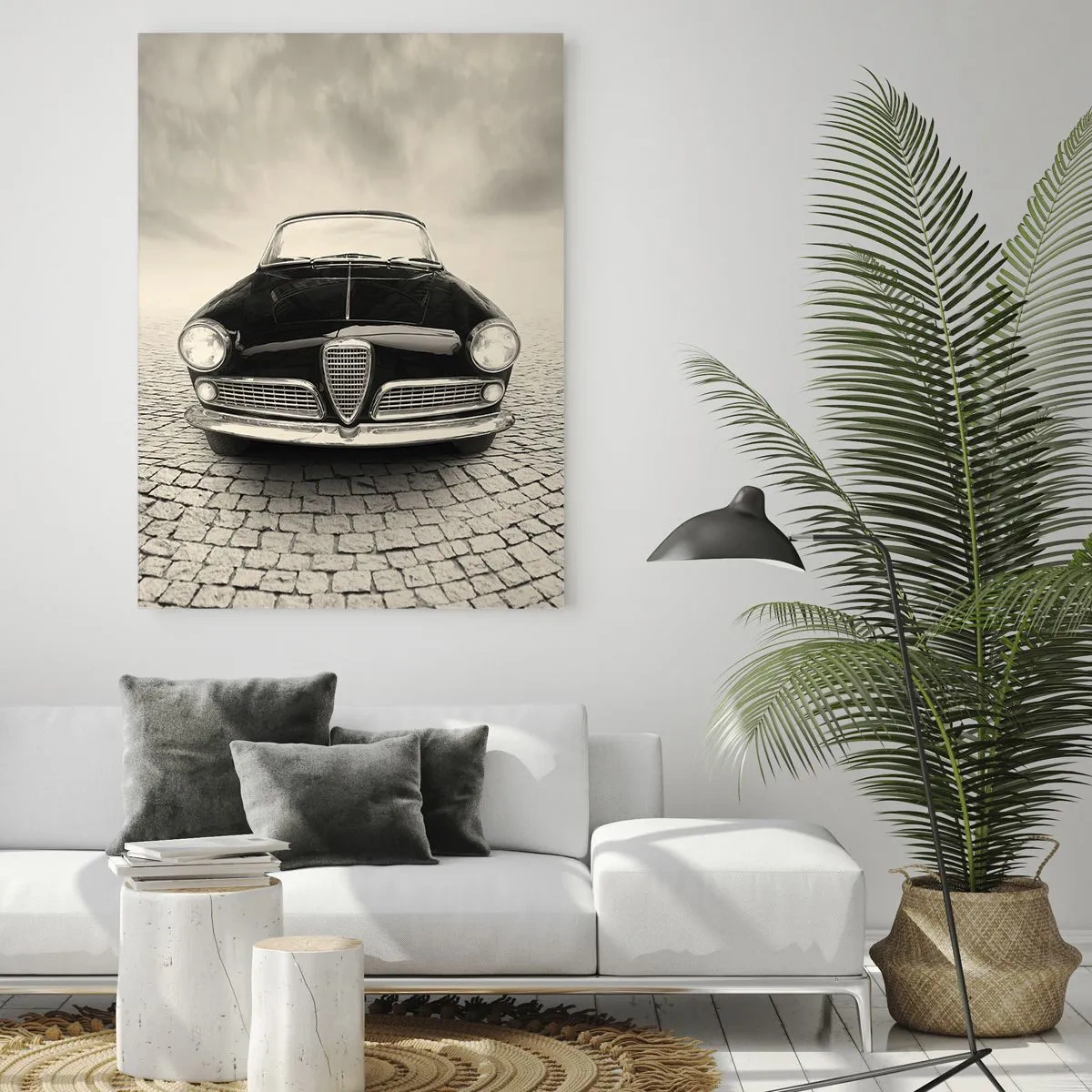 Glasbild - Bild auf glas - Ein Oldtimer auf einem Kopfsteinpflasterplatz im monochromen Stil - 70x100cm - Man muss mich einfach lieben - Moderne Wanddekoration für Wohnzimmer und Schlafzimmer ARTTOR
