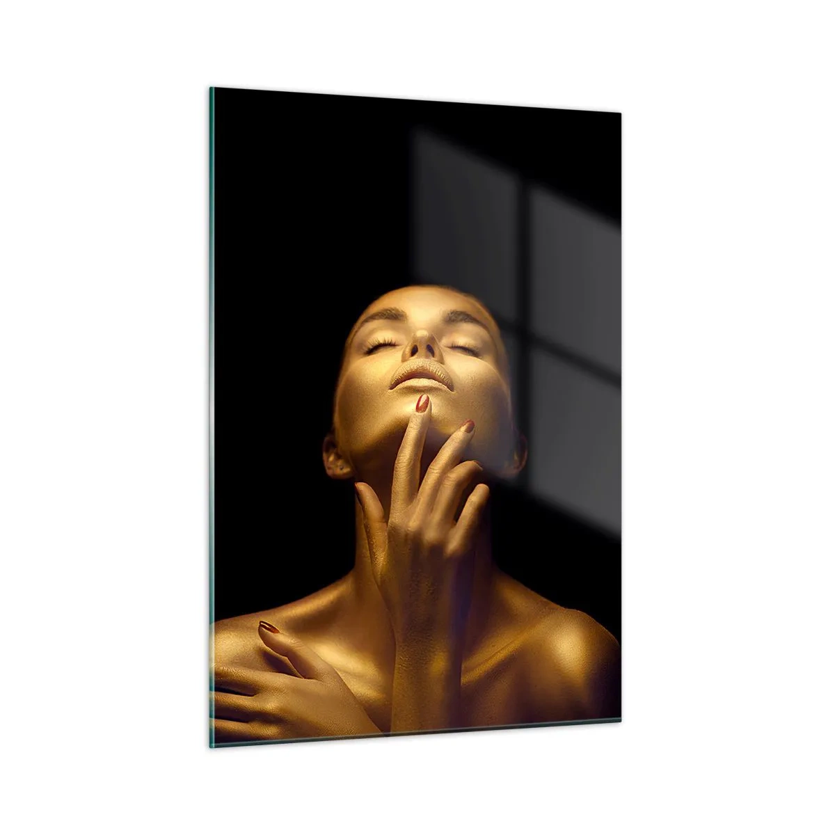 Glasbild - Bild auf glas - Porträt einer Frau in goldenen Farbtönen - 50x70cm - Wie goldene Seide - Moderne Wanddekoration für Wohnzimmer und Schlafzimmer ARTTOR