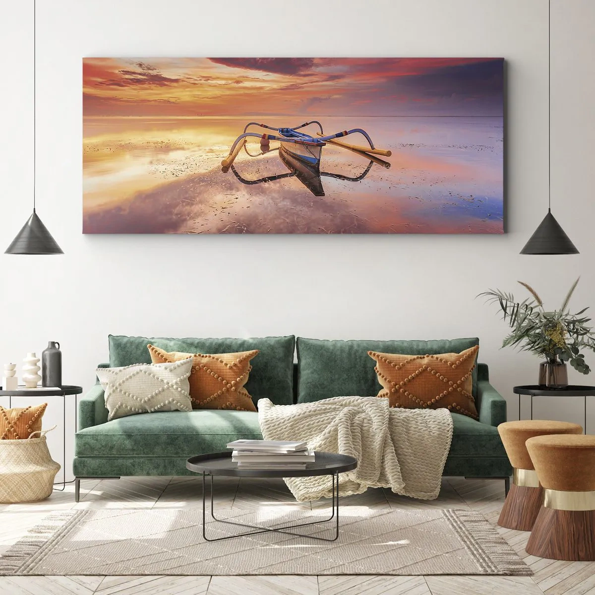 Bild auf Leinwand - Leinwandbild - Ein Boot auf ruhigem Wasser bei Sonnenuntergang - 140x50cm - Die Ruhe eines tropischen Abends - Moderne Wanddekoration für Wohnzimmer und Schlafzimmer ARTTOR