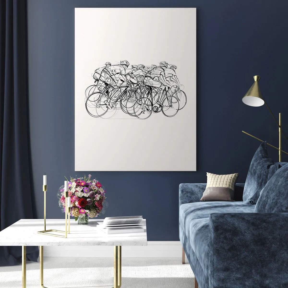 Glasbild - Bild auf glas - Eine Gruppe von Radfahrern in Bewegung im minimalistischen Stil - 70x100cm - Gemeinsam als Team - Moderne Wanddekoration für Wohnzimmer und Schlafzimmer ARTTOR