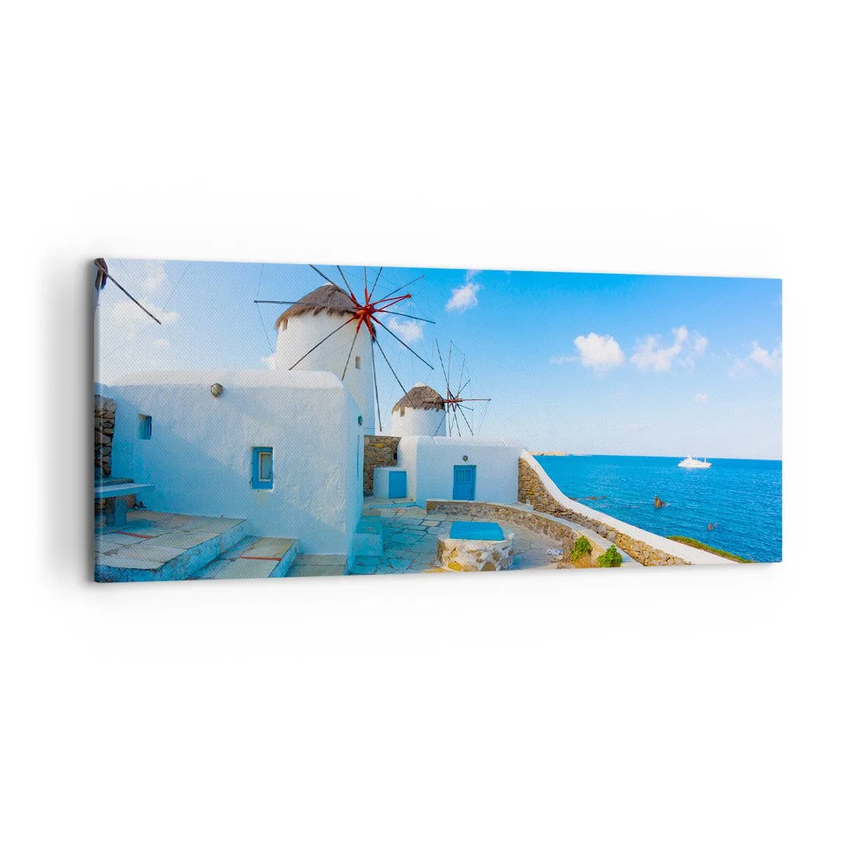 Bild auf Leinwand - Leinwandbild - Weiße Windmühlen an den Ufern des blauen Meeres - 120x50cm - Der blaue Wind vom Meer - Moderne Wanddekoration für Wohnzimmer und Schlafzimmer ARTTOR