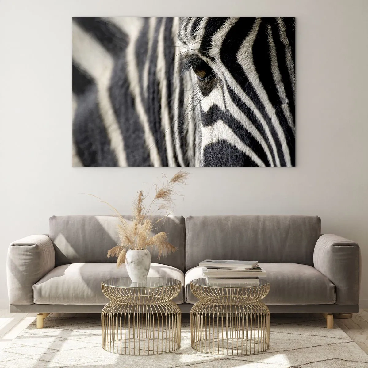 Glasbild - Bild auf glas - Nahaufnahme eines Zebraauges und schwarz-weißer Streifen - 100x70cm - Gestreiftes Porträt - Moderne Wanddekoration für Wohnzimmer und Schlafzimmer ARTTOR