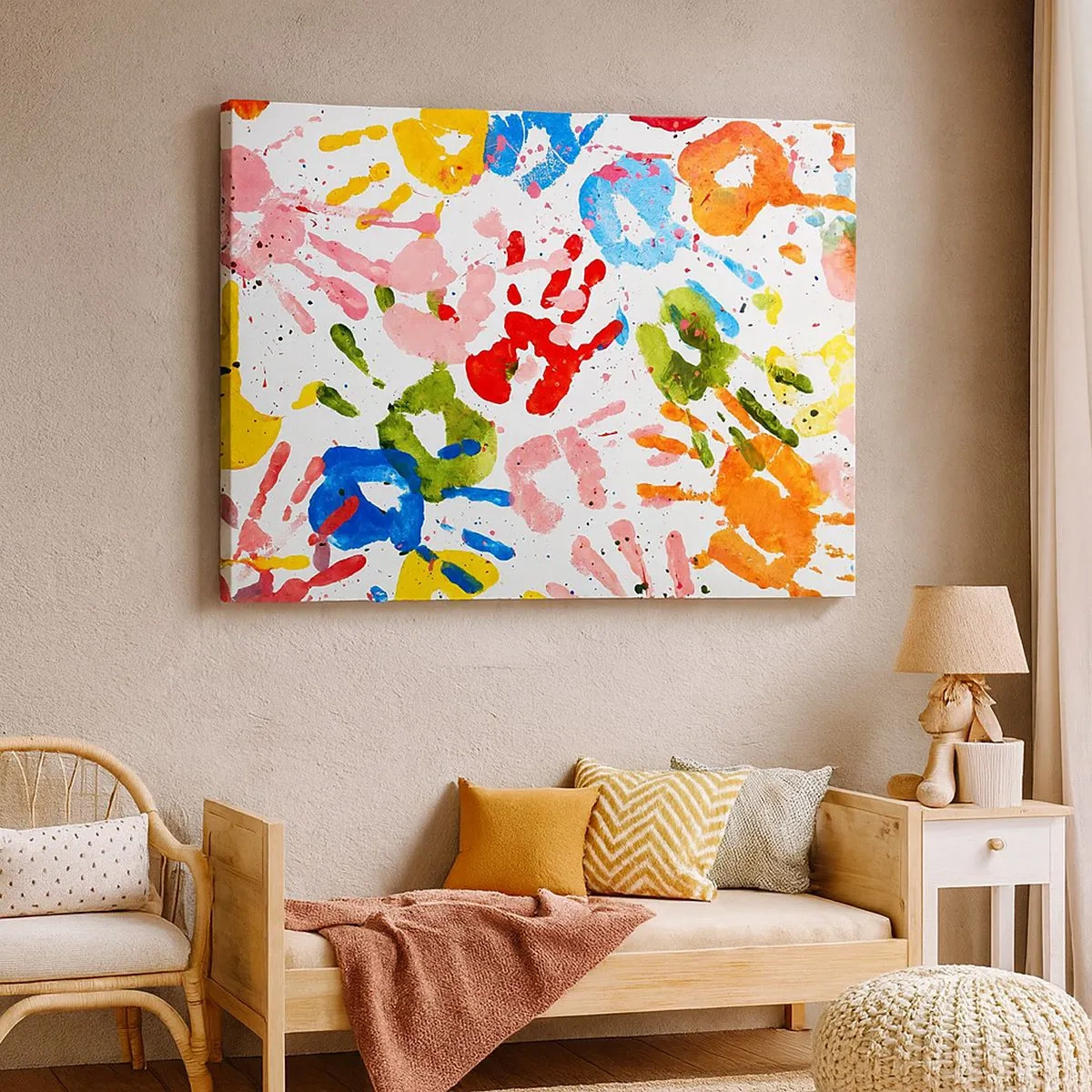 Bild auf Leinwand - Leinwandbild - Bunte Handabdrücke auf weißem Hintergrund - 70x50cm - Folgen Sie den Spuren - Moderne Wanddekoration für Wohnzimmer und Schlafzimmer ARTTOR