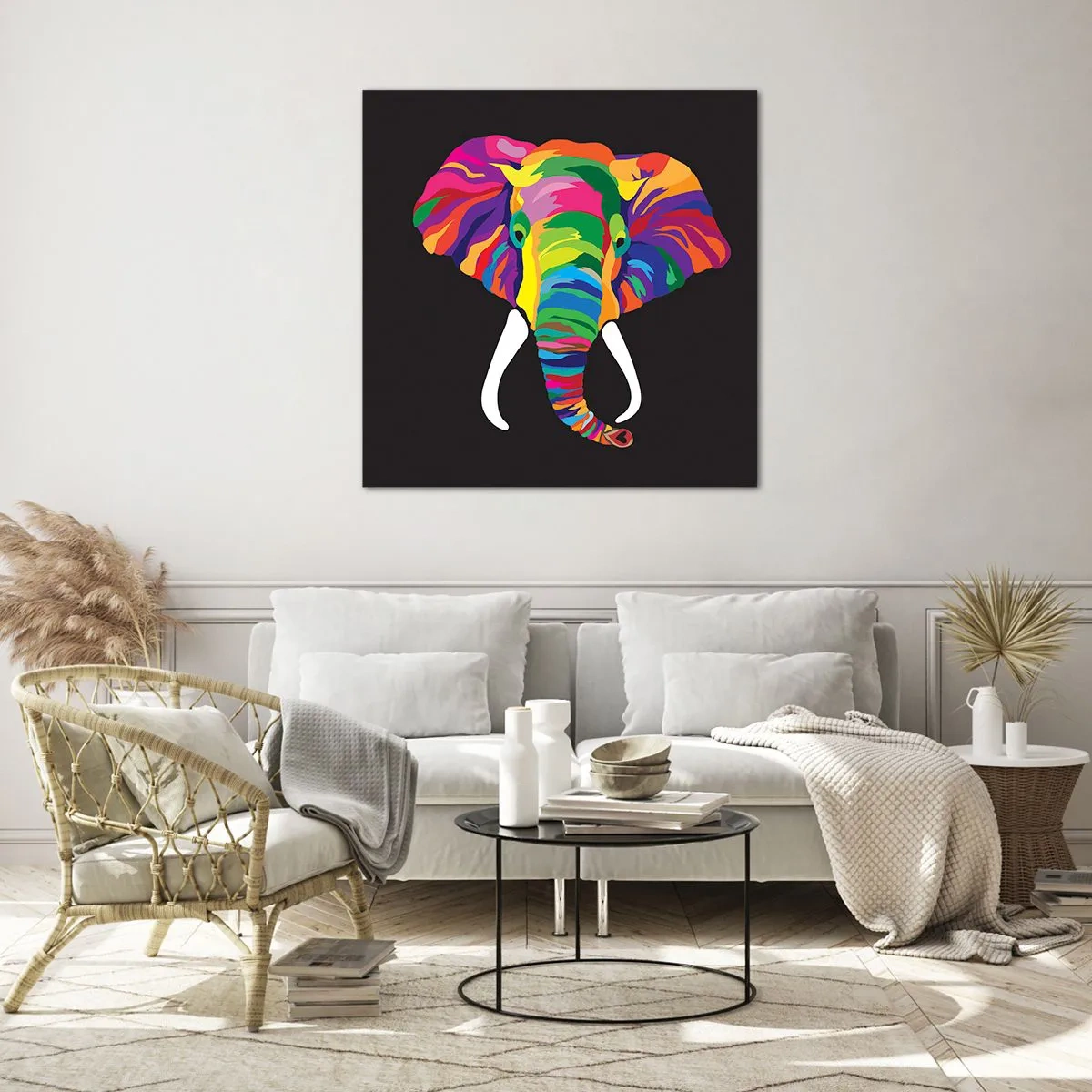Glasbild - Bild auf glas - Der Elefant, der es liebte, im Regenbogen zu baden - 40x40 cm