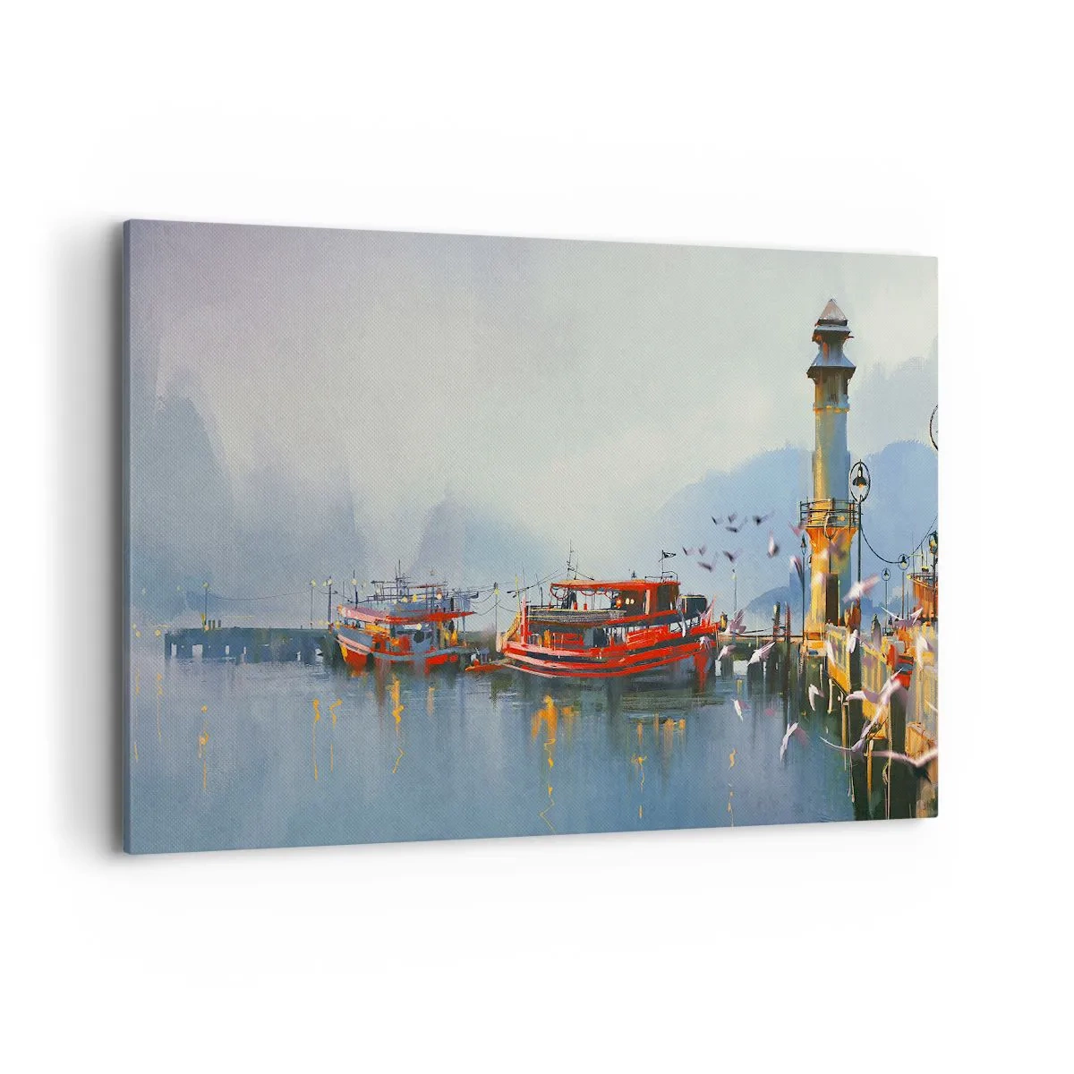 Bild auf Leinwand - Leinwandbild - Ein Hafen mit roten Booten, umgeben von einer nebligen Landschaft - 100x70cm - Am Ende der Welt - Moderne Wanddekoration für Wohnzimmer und Schlafzimmer ARTTOR