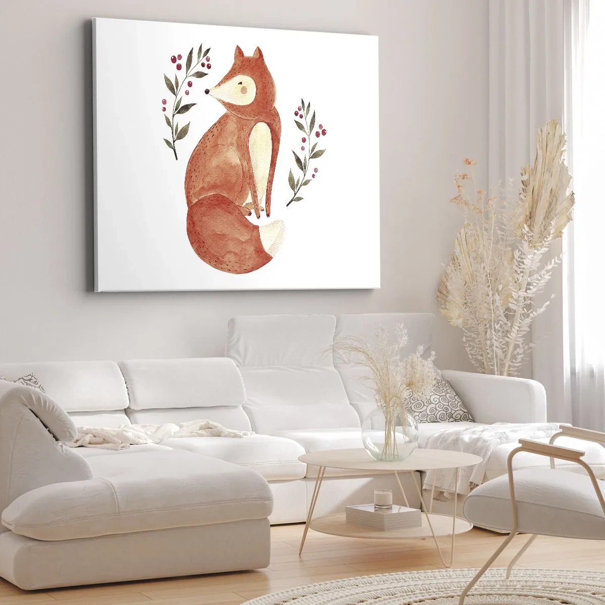 Bild auf Leinwand - Leinwandbild - Ein Aquarellfuchs, umgeben von Zweigen mit Beeren - 120x80cm - Kleine Rothaarige - Moderne Wanddekoration für Wohnzimmer und Schlafzimmer ARTTOR
