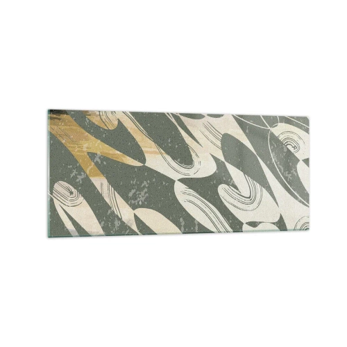 Glasbild - Bild auf glas - Dynamische Formen in Grün- und Goldtönen - 120x50cm - Rhythmische Abstraktion - Moderne Wanddekoration für Wohnzimmer und Schlafzimmer ARTTOR