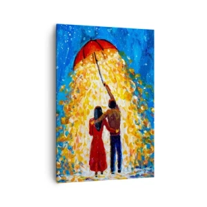 Bild auf Leinwand - Leinwandbild - Ein Paar unter einem roten Regenschirm im leuchtenden Regen - 70x100cm - Zauber eines Regenabends? - Moderne Wanddekoration für Wohnzimmer und Schlafzimmer ARTTOR