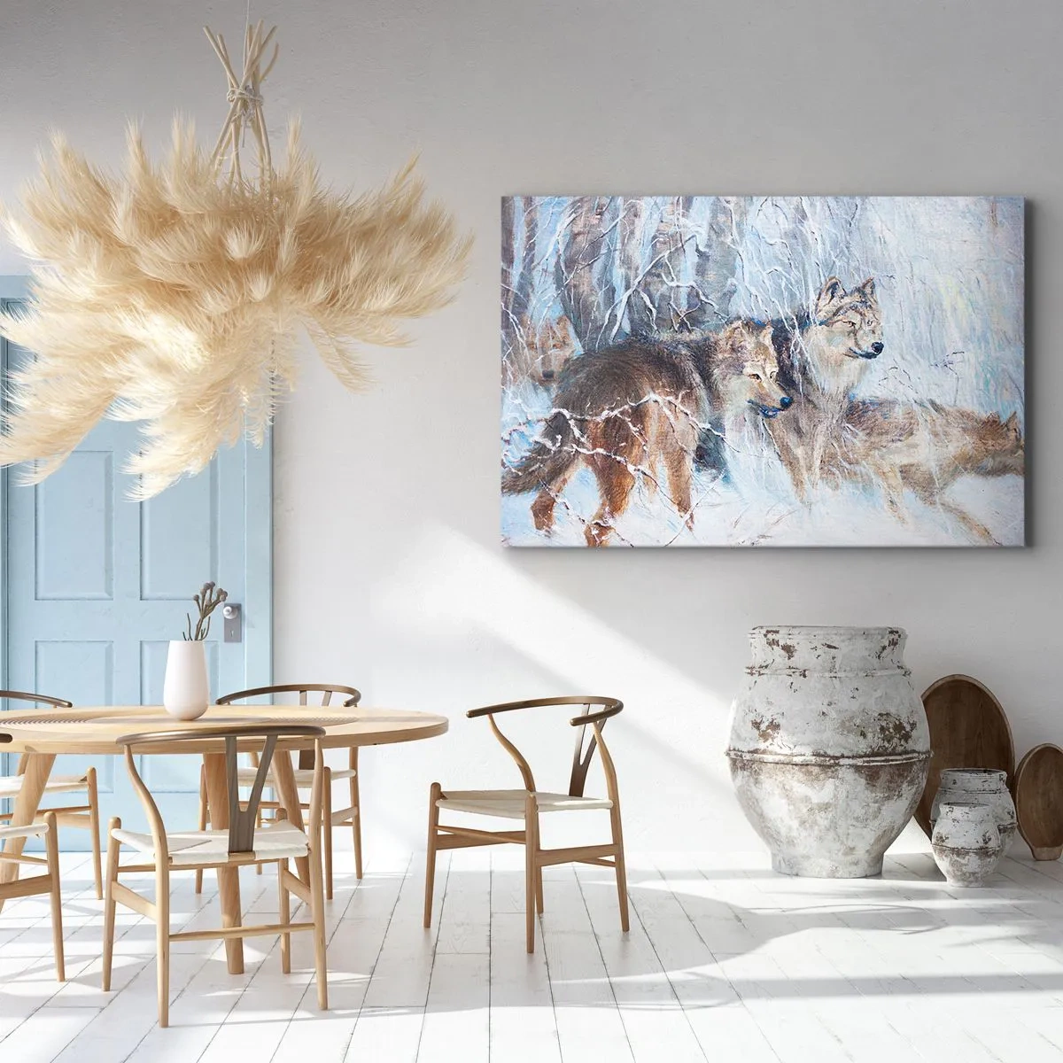 Bild auf Leinwand - Leinwandbild - Wölfe in einem Winterwald vor verschneiter Kulisse - 70x50cm - Beachtung! Hier kommt ... - Moderne Wanddekoration für Wohnzimmer und Schlafzimmer ARTTOR