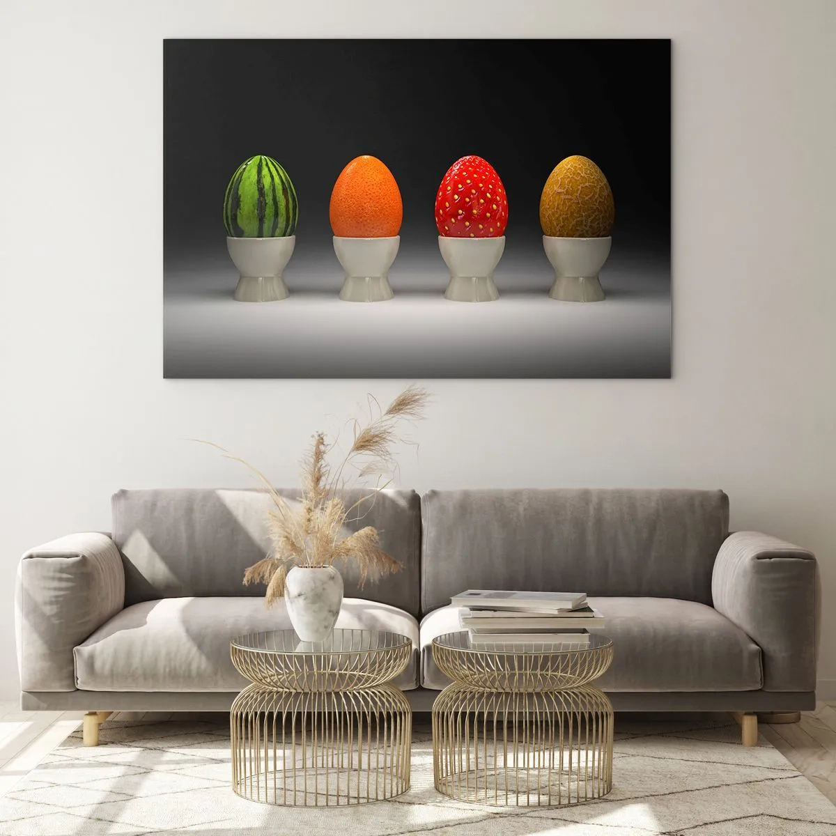 Glasbild - Bild auf glas - Eier in Fruchtschalen auf einem Ständer - 70x50cm - Obstfrühstück - Moderne Wanddekoration für Wohnzimmer und Schlafzimmer ARTTOR