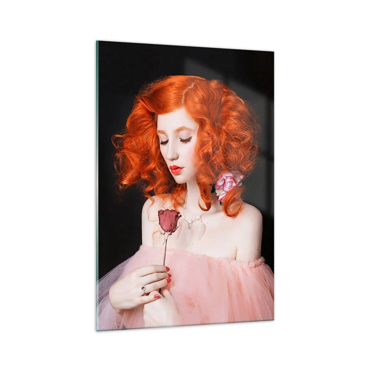 Glasbild - Bild auf glas - Eine Frau mit roten Haaren hält eine Rose - 70x100cm - Im barocken Stil - Moderne Wanddekoration für Wohnzimmer und Schlafzimmer ARTTOR