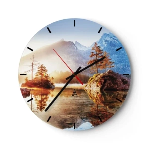 Wanduhr - Glasuhr - Ein Bergsee mit Inseln und Bäumen in den Sonnenstrahlen - 30x30cm - Natur in neuem Licht - Moderne Wanddekoration für Wohnzimmer, Küche und Schlafzimmer ARTTOR