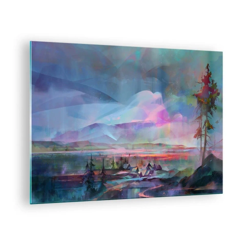 Glasbild - Bild auf glas - Eine farbenfrohe Landschaft mit Bergen und Hütten im surrealen Stil. - 70x50cm - Unter einem wohlwollenden Himmel - Moderne Wanddekoration für Wohnzimmer und Schlafzimmer ARTTOR