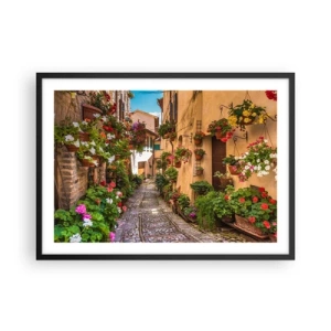 Poster in einem schwarzem Rahmen - Eine bezaubernde Straße voller Blumen und Blumentöpfe - 70x50cm - Italienische Gasse - Moderne Wanddekoration für Wohnzimmer und Schlafzimmer ARTTOR