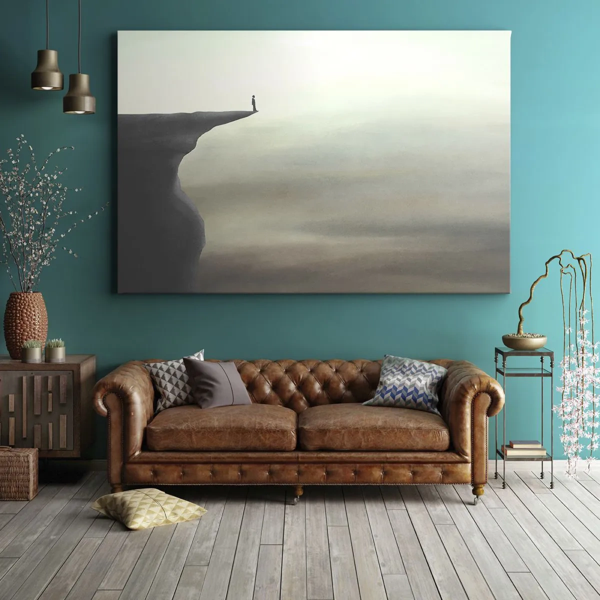 Bild auf Leinwand - Leinwandbild - Silhouette einer Figur am Rand einer Klippe in einer nebligen Landschaft - 70x50cm - Nach oben, natürlich! - Moderne Wanddekoration für Wohnzimmer und Schlafzimmer ARTTOR