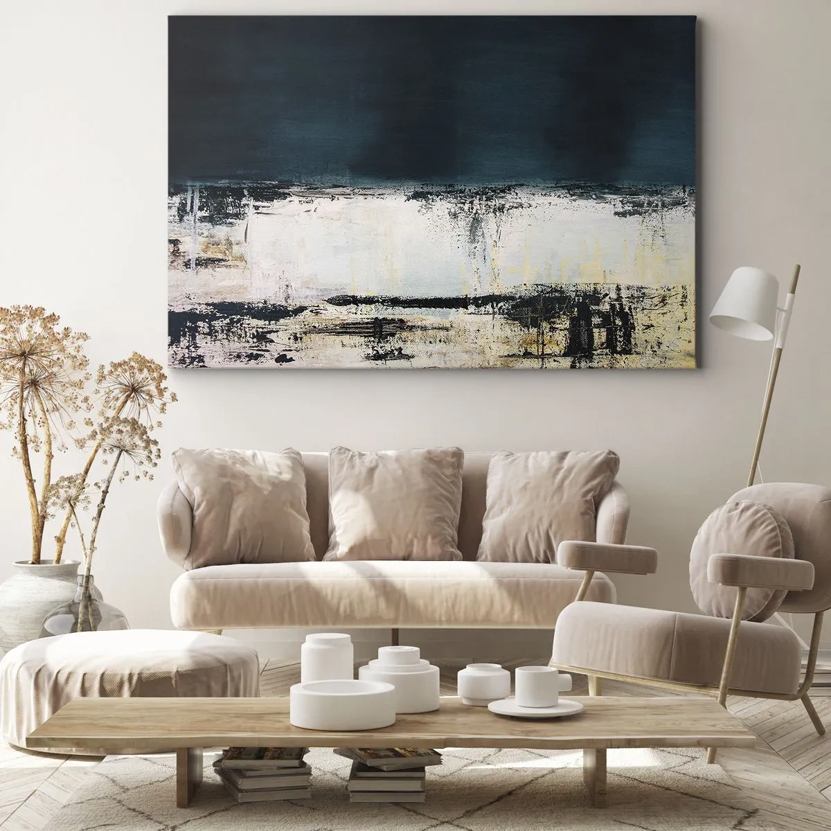 Bild auf Leinwand - Leinwandbild - Abstrakte horizontale Komposition in Marineblau- und Weißtönen - 100x70cm - Horizontale Komposition - Moderne Wanddekoration für Wohnzimmer und Schlafzimmer ARTTOR
