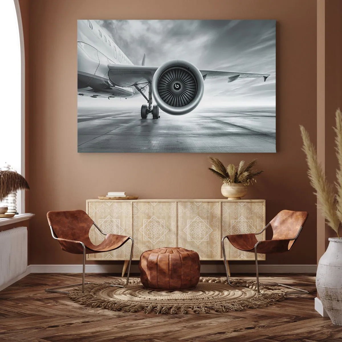 Bild auf Leinwand - Leinwandbild - Das Düsentriebwerk eines Flugzeugs auf dem Rollfeld - 70x50cm - Die Macht ist da! - Moderne Wanddekoration für Wohnzimmer und Schlafzimmer ARTTOR