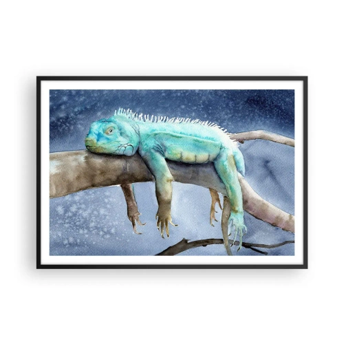 Poster in einem schwarzem Rahmen - Blauer Leguan ruht auf einem Ast - 100x70cm - Es ist gut! - Moderne Wanddekoration für Wohnzimmer und Schlafzimmer ARTTOR