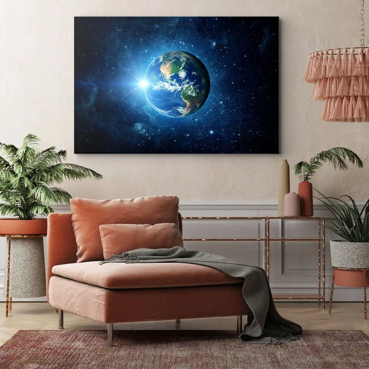Bild auf Leinwand - Leinwandbild - Erde im Weltraum, umgeben von Sternen und Licht - 70x50cm - Wir sind im Himmel - Moderne Wanddekoration für Wohnzimmer und Schlafzimmer ARTTOR