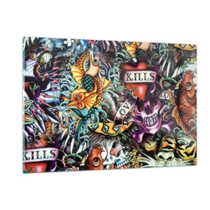 Glasbild - Bild auf glas - Eine farbenfrohe Komposition aus Mustern, inspiriert von der Tattoo-Kunst - 120x80cm - Der Traum des Tätowierers - Moderne Wanddekoration für Wohnzimmer und Schlafzimmer ARTTOR