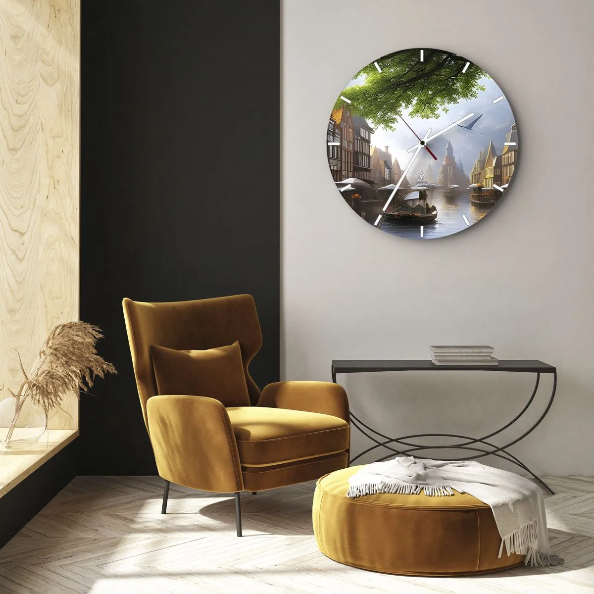 Wanduhr - Glasuhr - Wasserkanal mit Booten und historischen Mietshäusern - 30x30cm - Niederländisches Stadtbild - Moderne Wanddekoration für Wohnzimmer, Küche und Schlafzimmer ARTTOR