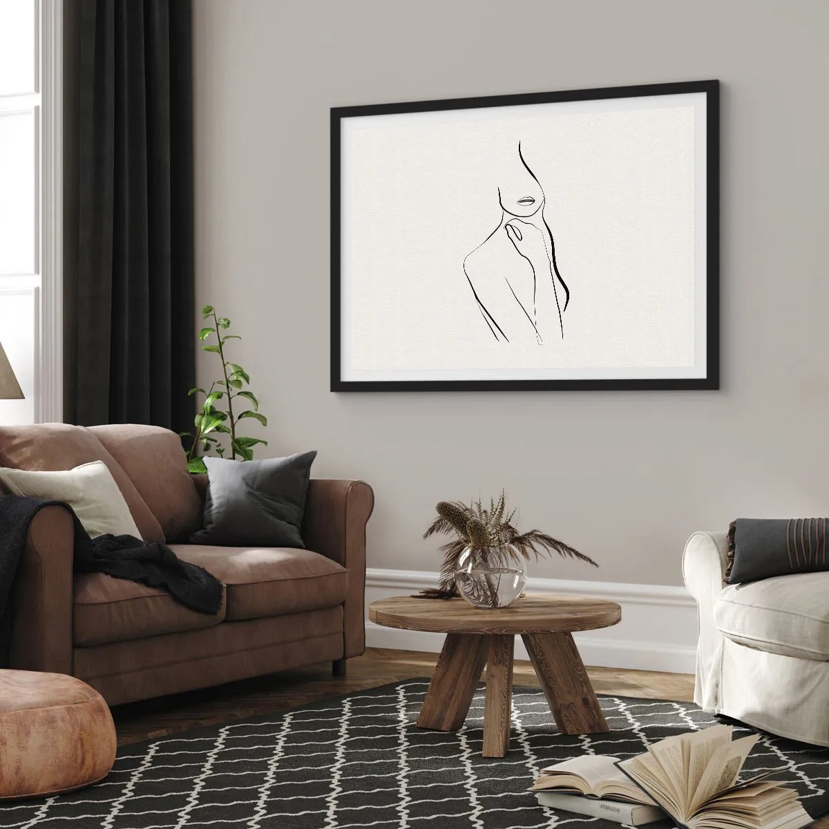 Poster in einem schwarzem Rahmen - Eine minimalistische Skizze der Silhouette einer Frau vor hellem Hintergrund. - 100x70cm - Eine Welle der Melancholie - Moderne Wanddekoration für Wohnzimmer und Schlafzimmer ARTTOR