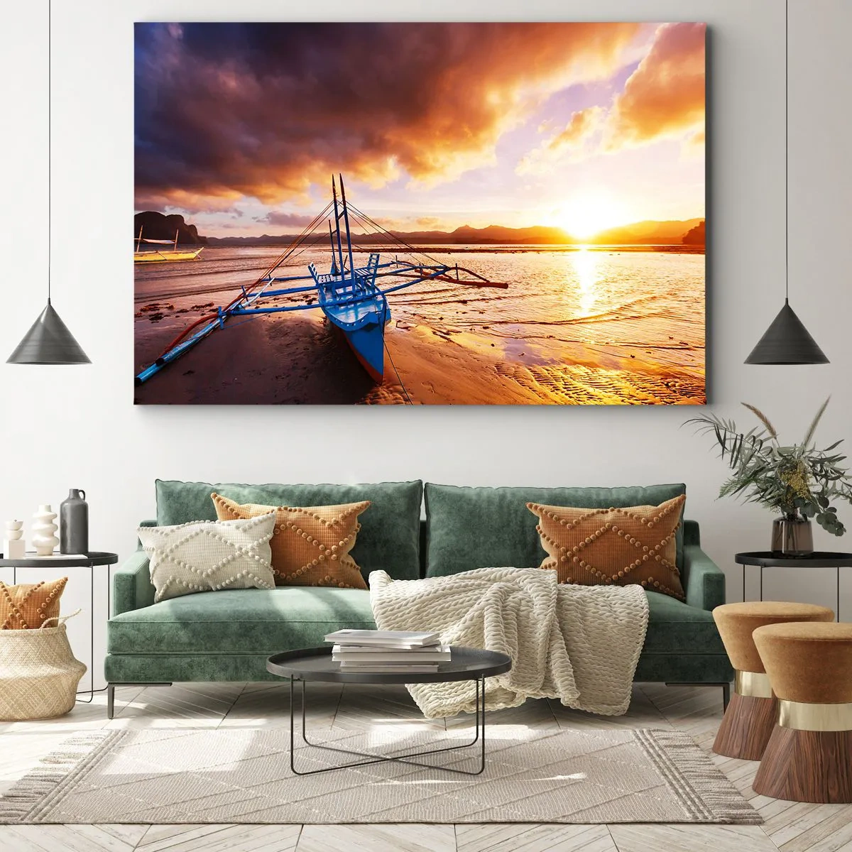 Bild auf Leinwand - Leinwandbild - Blaues Boot am Strand bei Sonnenuntergang - 100x70cm - Nach einem Tag sich im Sand ausstrecken - Moderne Wanddekoration für Wohnzimmer und Schlafzimmer ARTTOR
