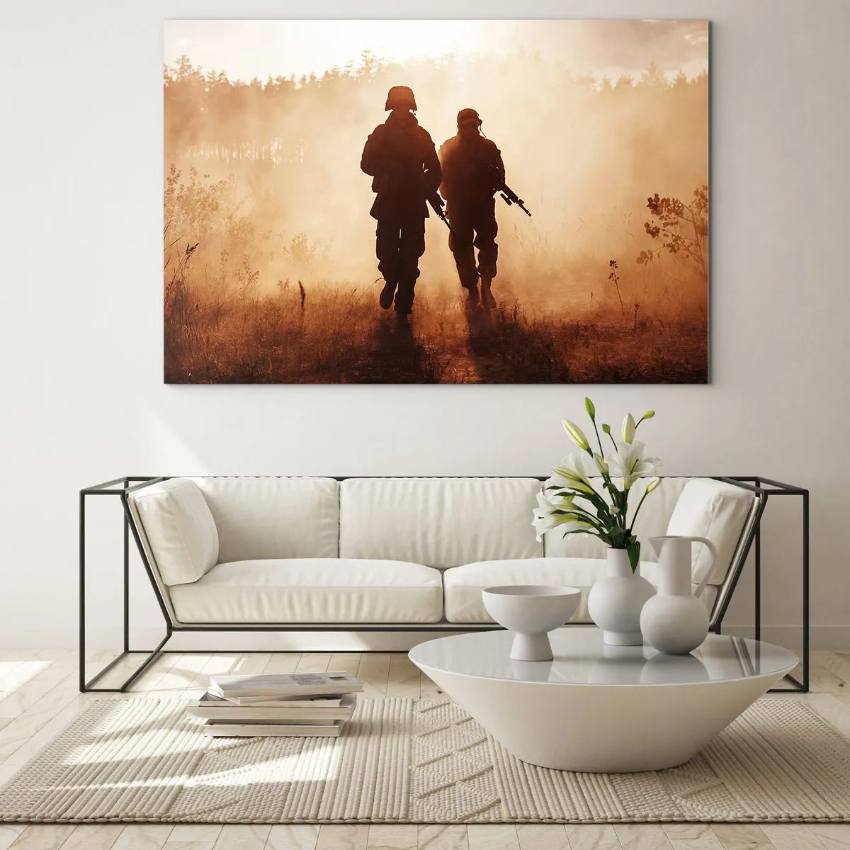 Glasbild - Bild auf glas - Zwei Soldaten im Einsatz vor der Kulisse der untergehenden Sonne - 120x80cm - Ruf der Pflicht - Moderne Wanddekoration für Wohnzimmer und Schlafzimmer ARTTOR