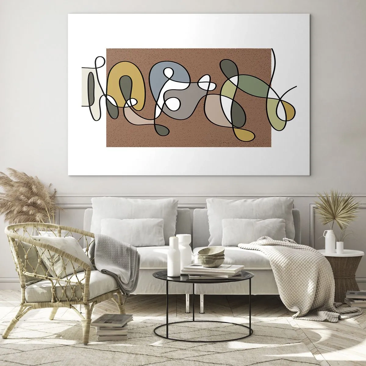 Glasbild - Bild auf glas - Bunte Abstraktion mit einer schwarzen Linie auf braunem Hintergrund - 70x50cm - Abstraktion, die ein Lächeln wert ist - Moderne Wanddekoration für Wohnzimmer und Schlafzimmer ARTTOR