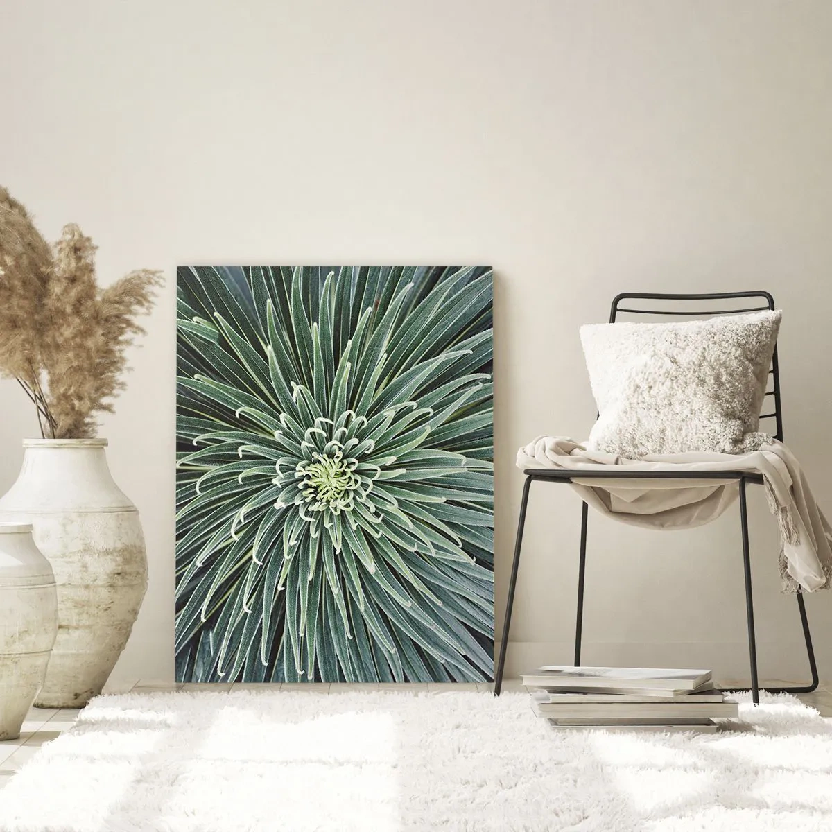 Glasbild - Bild auf glas - Symmetrische Rosette aus grünen Blättern in der Makrofotografie - 50x70cm - Ein Star ist geboren - Moderne Wanddekoration für Wohnzimmer und Schlafzimmer ARTTOR