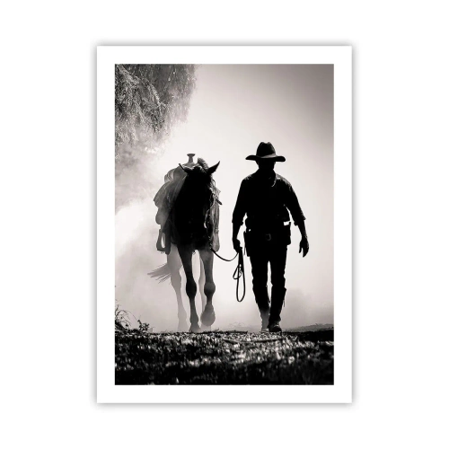 Poster - Silhouette eines Cowboys mit seinem Pferd im Morgennebel - 50x70cm - Texas-Morgen - Moderne Wanddekoration für Wohnzimmer und Schlafzimmer ARTTOR