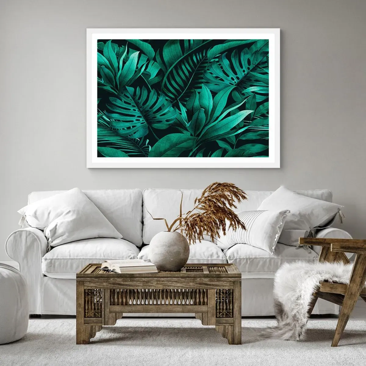 Poster in einem weißen Rahmen - Die Tiefe des tropischen Grüns - 100x70 cm