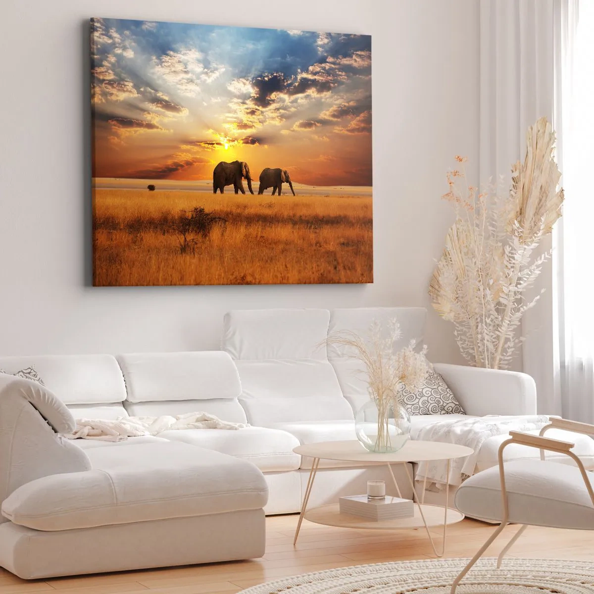 Bild auf Leinwand - Leinwandbild - Elefanten in der Savanne bei Sonnenuntergang - 70x50cm - Familienspaziergang - Moderne Wanddekoration für Wohnzimmer und Schlafzimmer ARTTOR