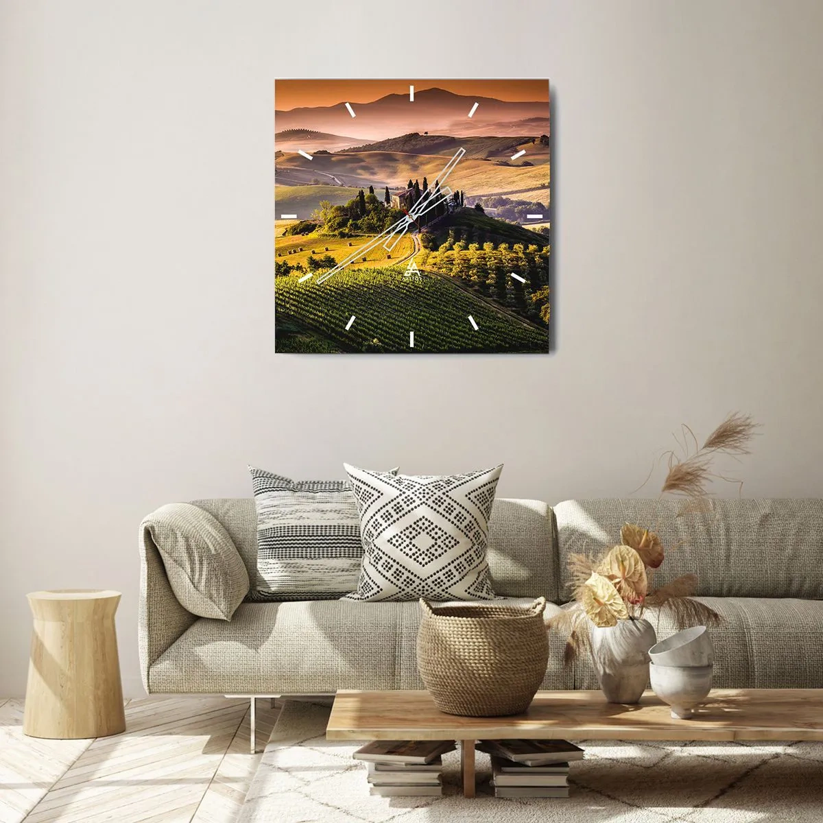 Wanduhr - Glasuhr - Toskanische Landschaft mit Weinbergen und einem Haus auf einem Hügel - 30x30cm - Arkadien - die toskanische Landschaft - Moderne Wanddekoration für Wohnzimmer und Schlafzimmer ARTTOR