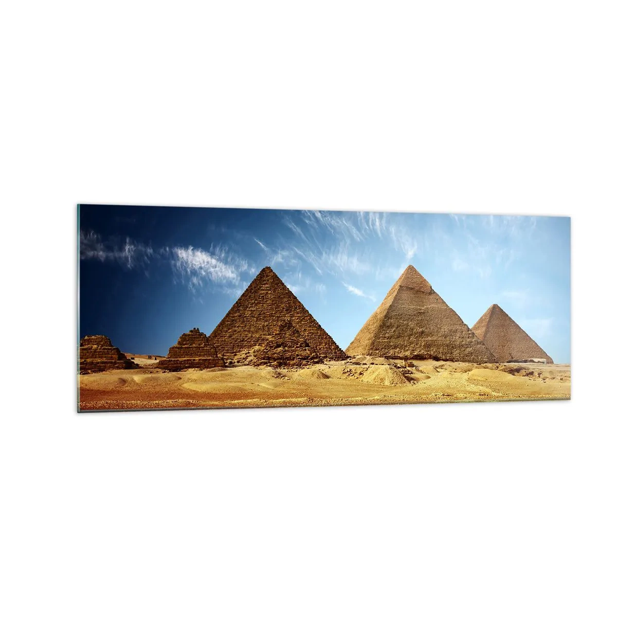 Glasbild - Bild auf glas - Die Pyramiden von Gizeh vor blauem Himmel und Wüstenlandschaft - 140x50cm - 40 Jahrhunderte schauen dich an - Moderne Wanddekoration für Wohnzimmer und Schlafzimmer ARTTOR