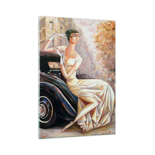 Glasbild - Bild auf glas - Elegante Frau neben einem Retro-Auto in urbaner Umgebung - 50x70cm - Eleganz im Retro-Stil - Moderne Wanddekoration für Wohnzimmer und Schlafzimmer ARTTOR
