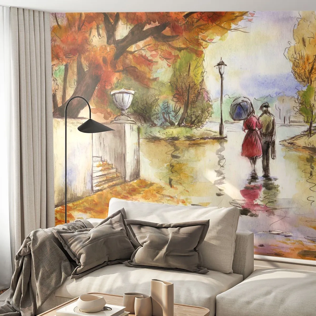 Fototapete Standard Eco - Herbstspaziergang eines Paares im Regen, Aquarellillustration - 100x70cm - Romantischer Herbst im Park - Moderne Wanddekoration für Wohnzimmer und Schlafzimmer ARTTOR